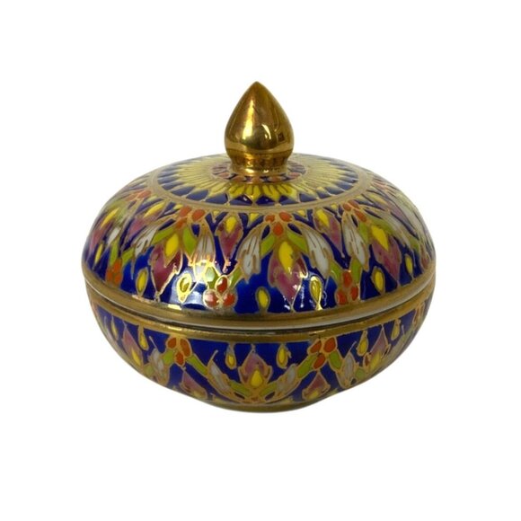 Thai Benjarong Porcelain Bowl Trinket Dish with Lid Hand Painted Blue Gold - Picture 4 of 6